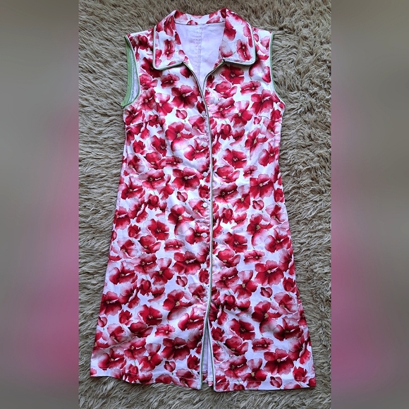 Red Floral Shirt Dress unlabled mock Retro style - Picture 2 of 5